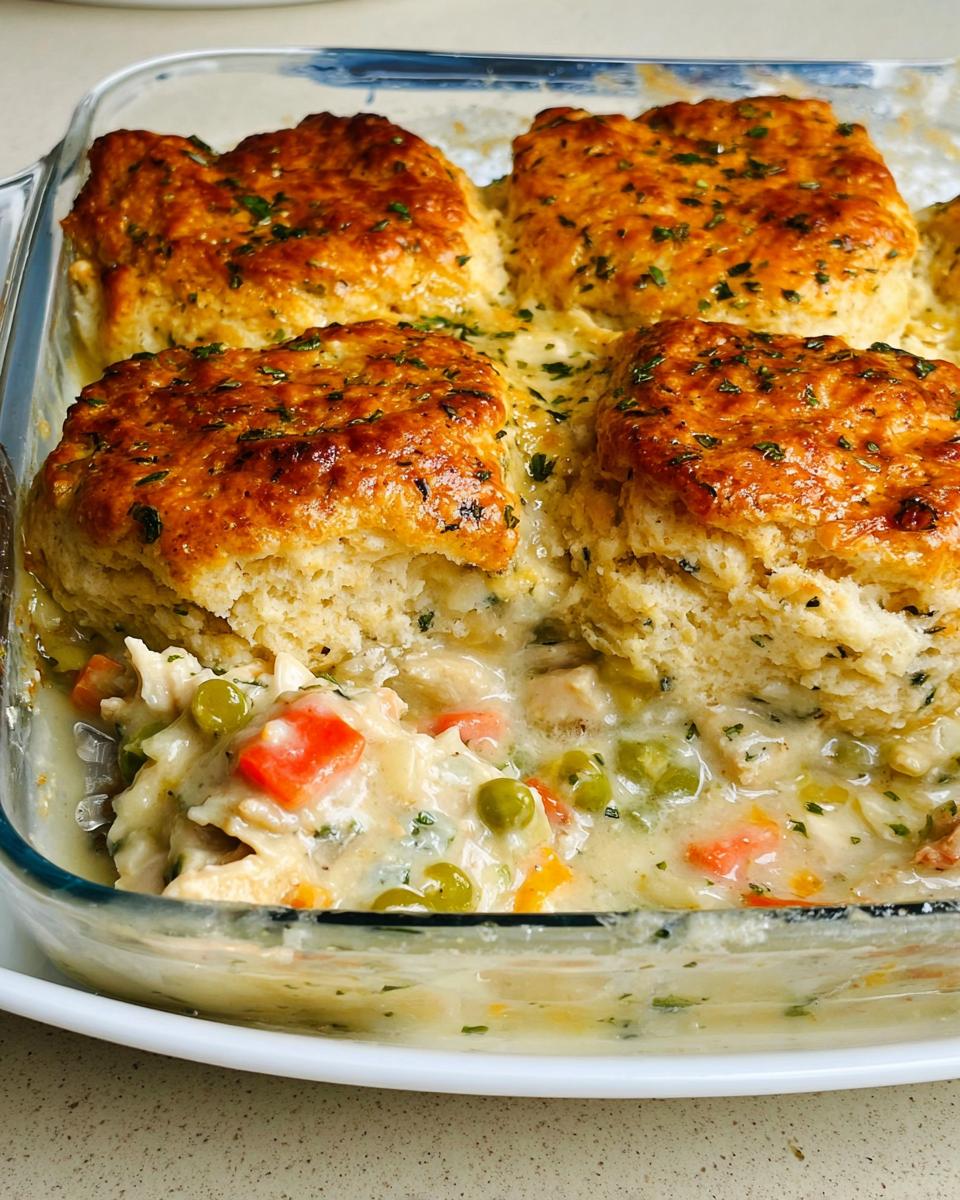 Close-up of Garlic Herb Biscuit Chicken Pot Pie with golden biscuits over creamy filling with peas and carrots.