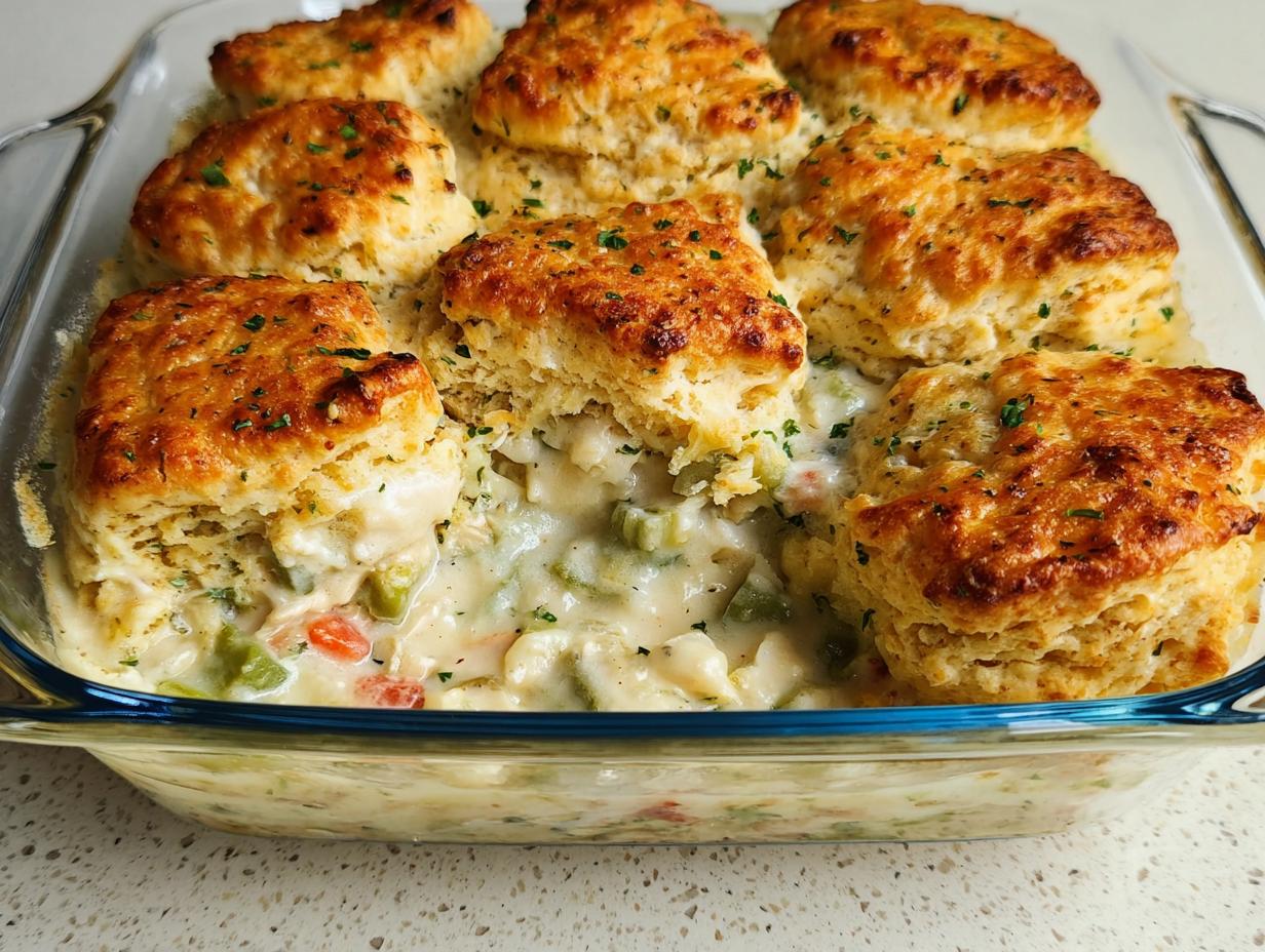 Close-up of a baked Garlic Herb Biscuit Chicken Pot Pie with golden biscuits topping creamy filling in a glass dish.