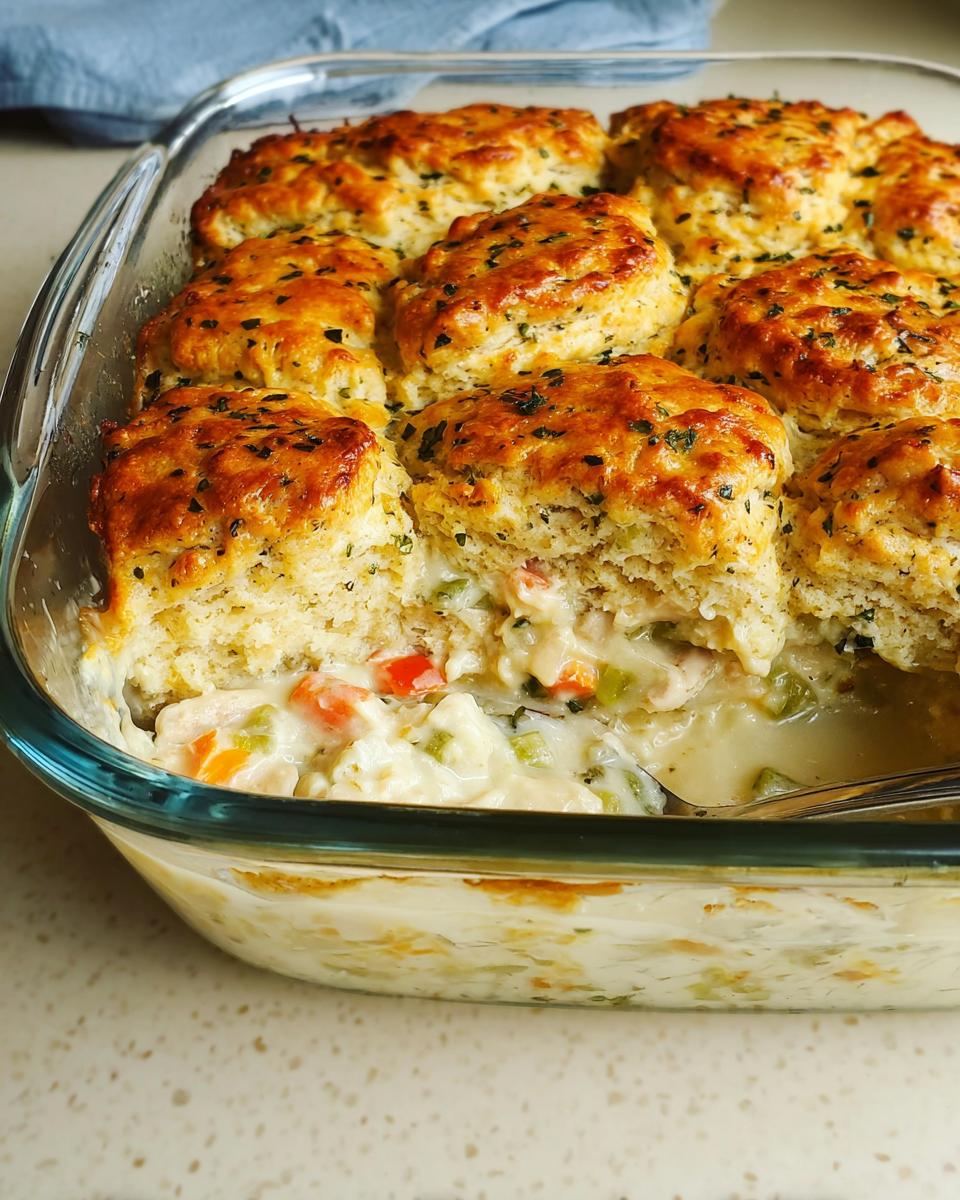 A scoop is taken out of a glass baking dish revealing the creamy filling of the Garlic Herb Biscuit Chicken Pot Pie.