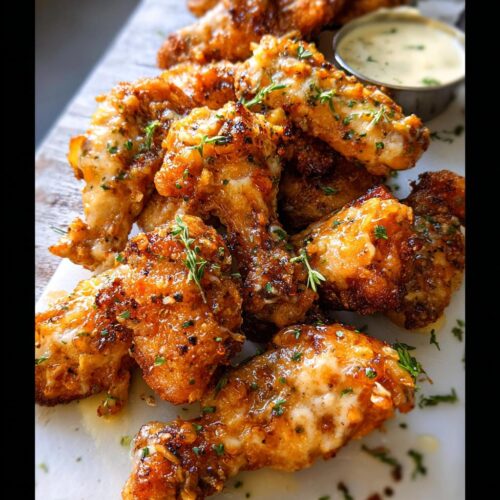 A pile of crispy, glazed Buffalo Wild Wings Garlic Parm Chicken wings garnished with fresh thyme.