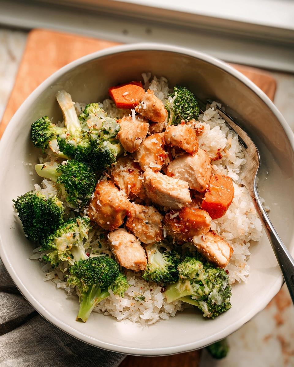 Overhead view of Garlic Parmesan Chicken Bowls featuring rice, broccoli florets, and diced carrots topped with seasoned chicken chunks.