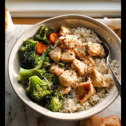 A close-up of Garlic Parmesan Chicken Bowls featuring diced chicken, broccoli, carrots, and cauliflower rice topped with grated cheese.