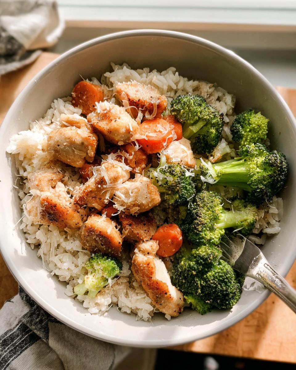 Overhead view of Garlic Parmesan Chicken Bowls featuring seasoned chicken, rice, broccoli florets, and grated Parmesan cheese.
