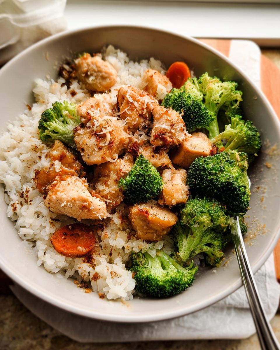 Close-up of Garlic Parmesan Chicken Bowls featuring seasoned chicken pieces over white rice with steamed broccoli florets and grated cheese.