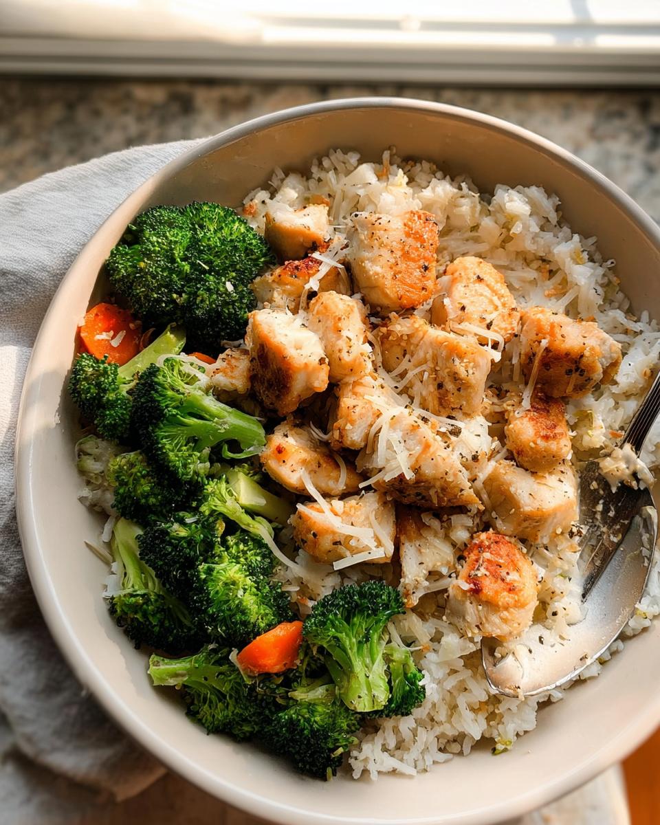 A close-up of Garlic Parmesan Chicken Bowls featuring seasoned chicken pieces over rice with steamed broccoli with grated cheese.