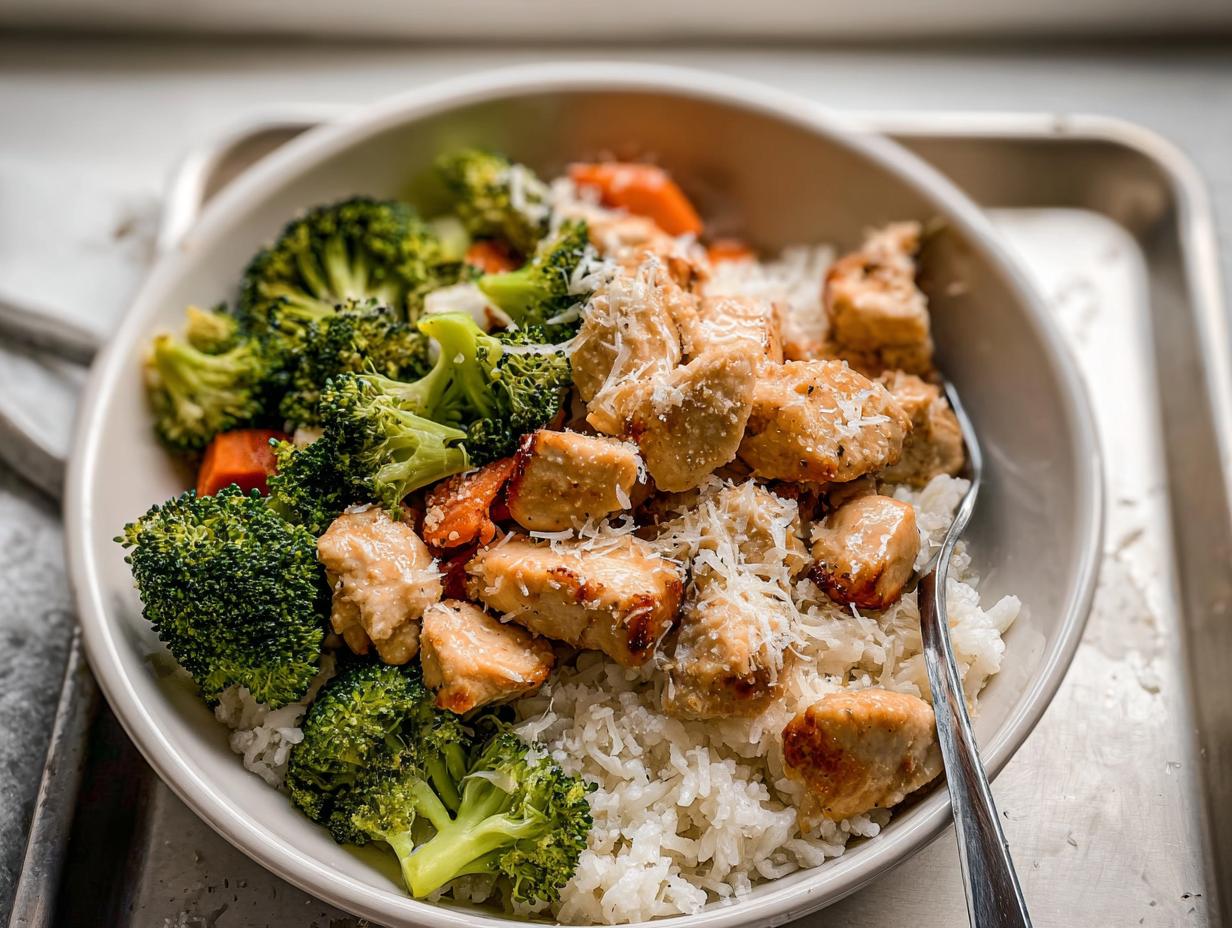 A close-up of Garlic Parmesan Chicken Bowls featuring rice, seasoned chicken pieces, broccoli, carrots, and grated Parmesan cheese.