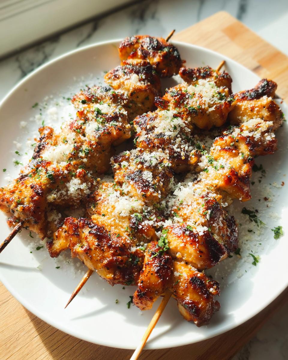 Close-up of cooked Garlic Parmesan Chicken Skewers topped with grated Parmesan cheese and parsley.