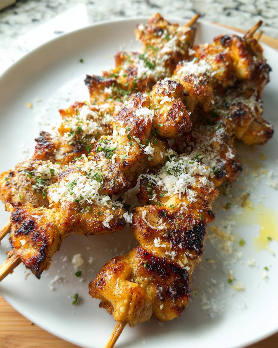 Close-up of grilled Garlic Parmesan Chicken Skewers generously topped with grated Parmesan cheese and parsley.