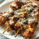Close-up of several cooked Garlic Parmesan Chicken Skewers generously topped with grated Parmesan cheese and parsley.