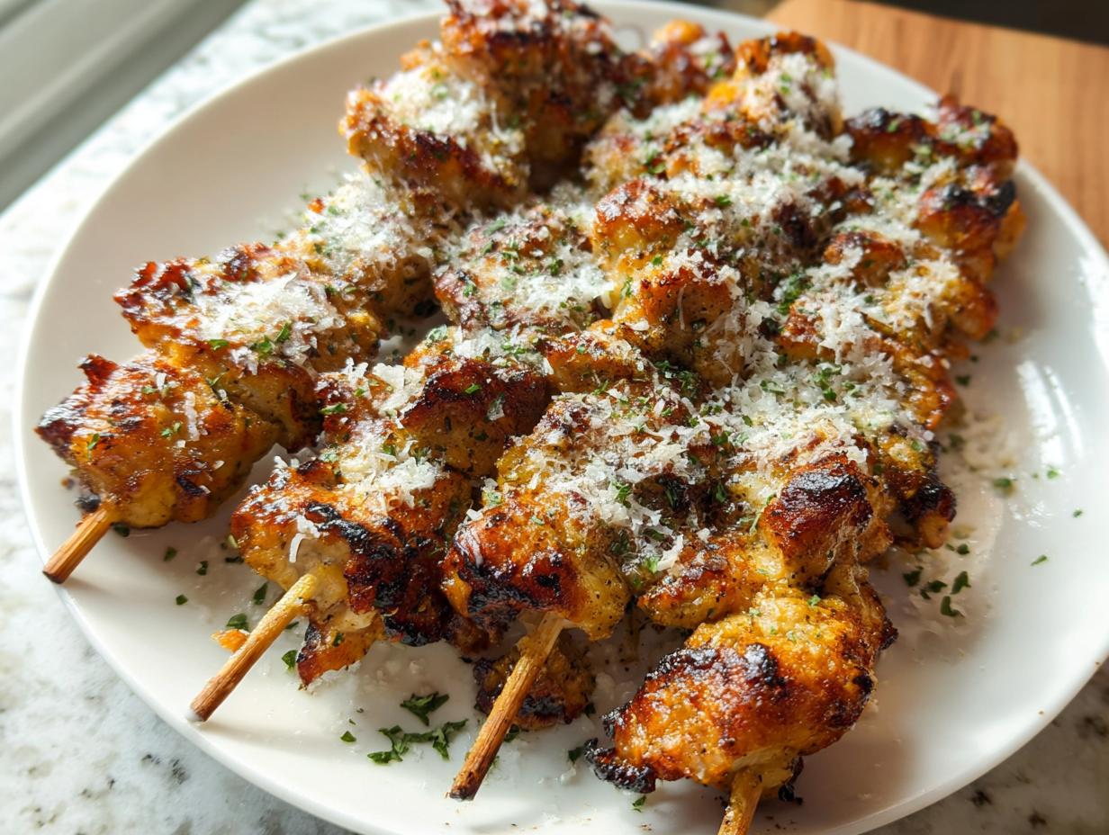 Close-up of several cooked Garlic Parmesan Chicken Skewers generously topped with grated Parmesan cheese and parsley.