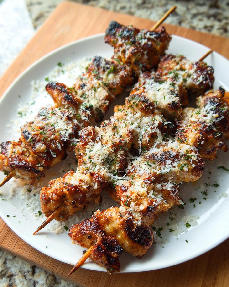 Close-up of several cooked Garlic Parmesan Chicken Skewers heavily topped with grated Parmesan cheese and parsley.