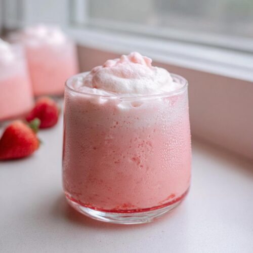 A chilled glass filled with light pink Fresh Strawberry Mousse, topped with whipped cream, next to whole strawberries.