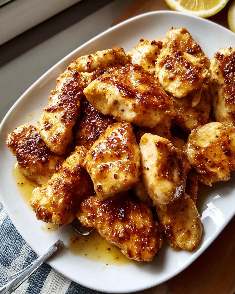 Close-up of golden, glazed chicken pieces ready for the High Protein Chicken Bake, served on a white platter.