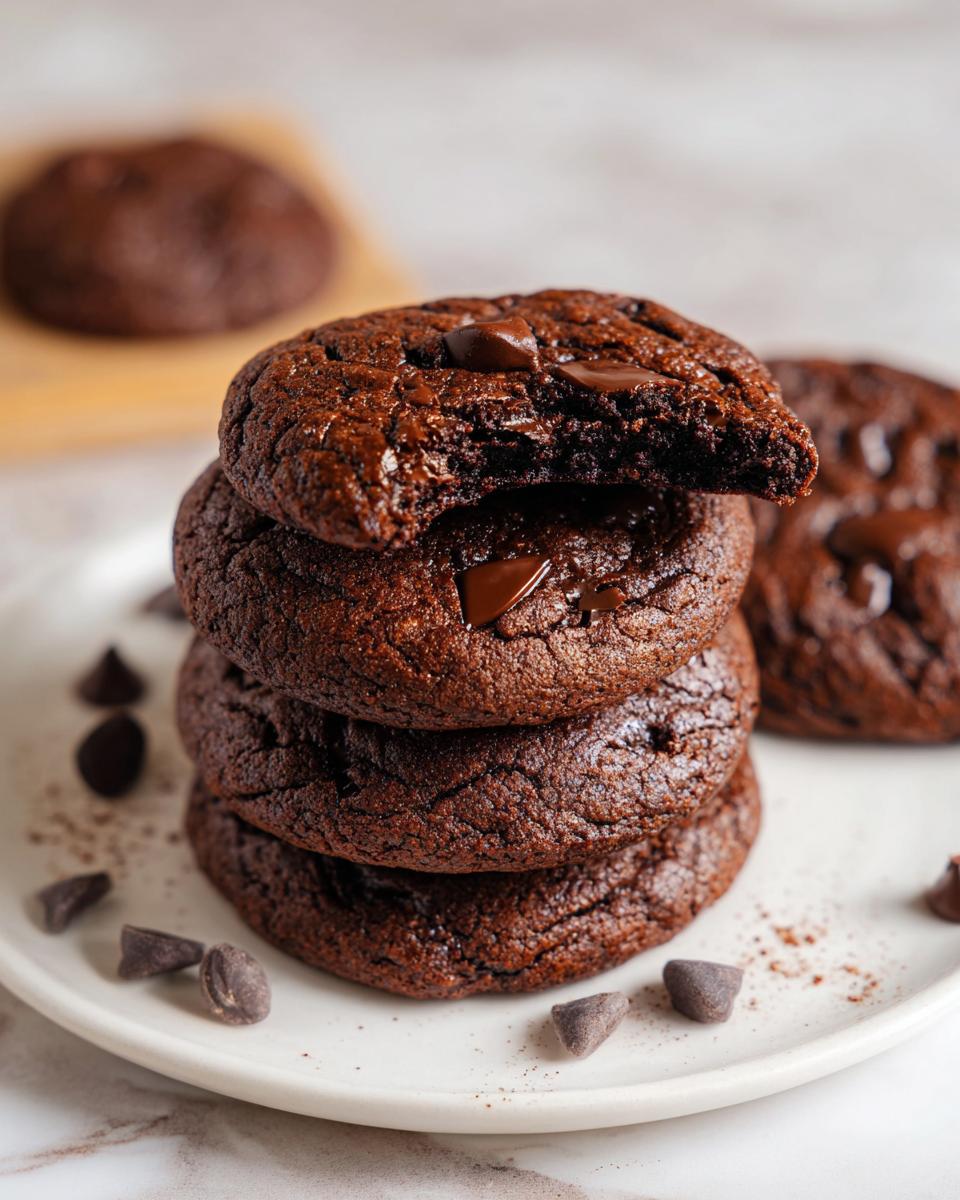 A stack of four rich, dark Double Chocolate Cookies, with the top one broken open showing a gooey center and melted chips.