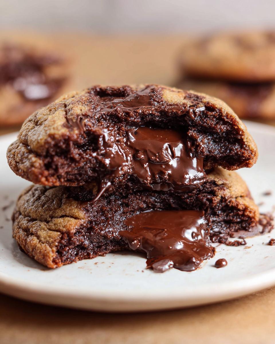 Close-up of Melted Chocolate Cookies split open revealing a rich, gooey, flowing chocolate center.
