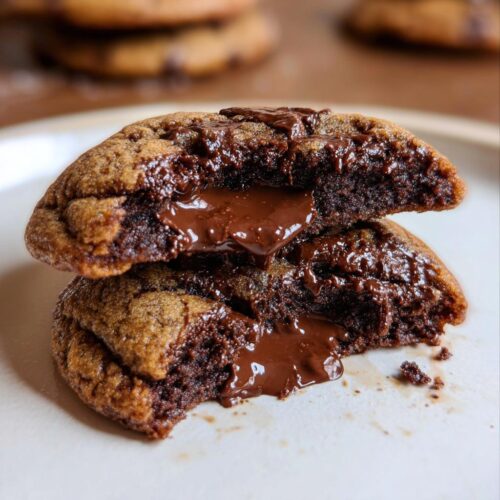 Close-up of two halves of a soft cookie revealing intensely melted chocolate oozing out, showcasing perfect Melted Chocolate Cookies.