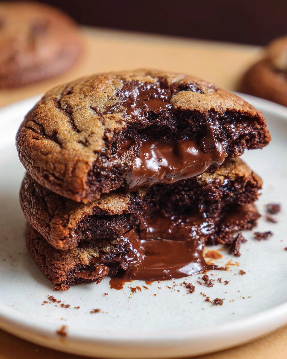 Two rich, dark chocolate cookies stacked and broken open, revealing incredibly gooey, melted chocolate oozing out.