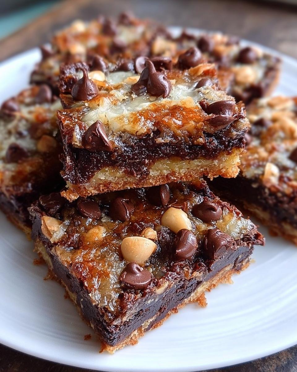 Close-up of stacked Nutella Magic Bars showing a thick chocolate layer, crust, and topping of chips and nuts.