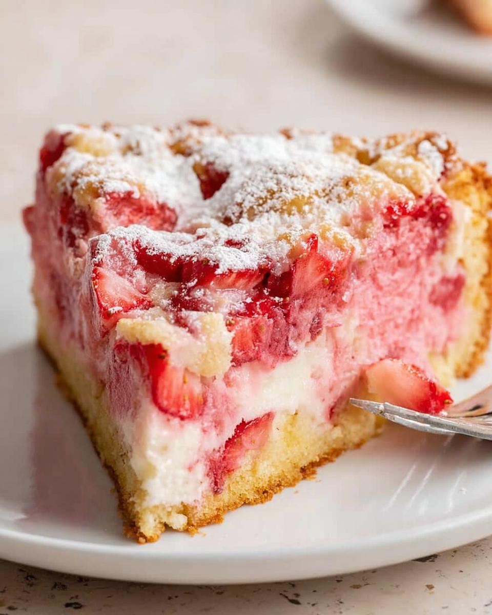 A close-up of a slice of Gooey Strawberry Cake showing the creamy filling and fresh strawberries, dusted with powdered sugar.