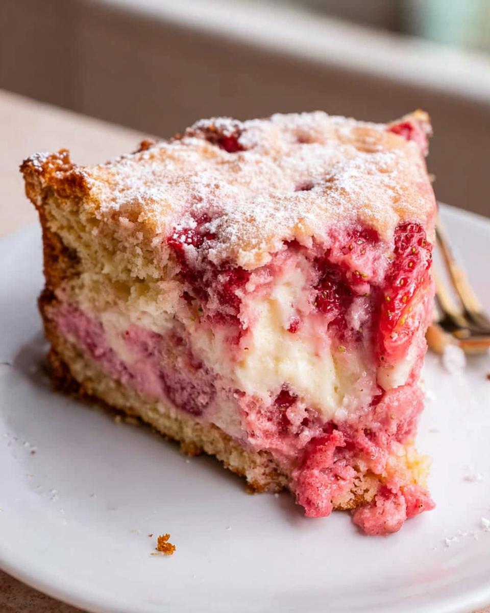 Close-up of a moist slice of Gooey Strawberry Cake showing a creamy center and fresh strawberries, dusted with powdered sugar.