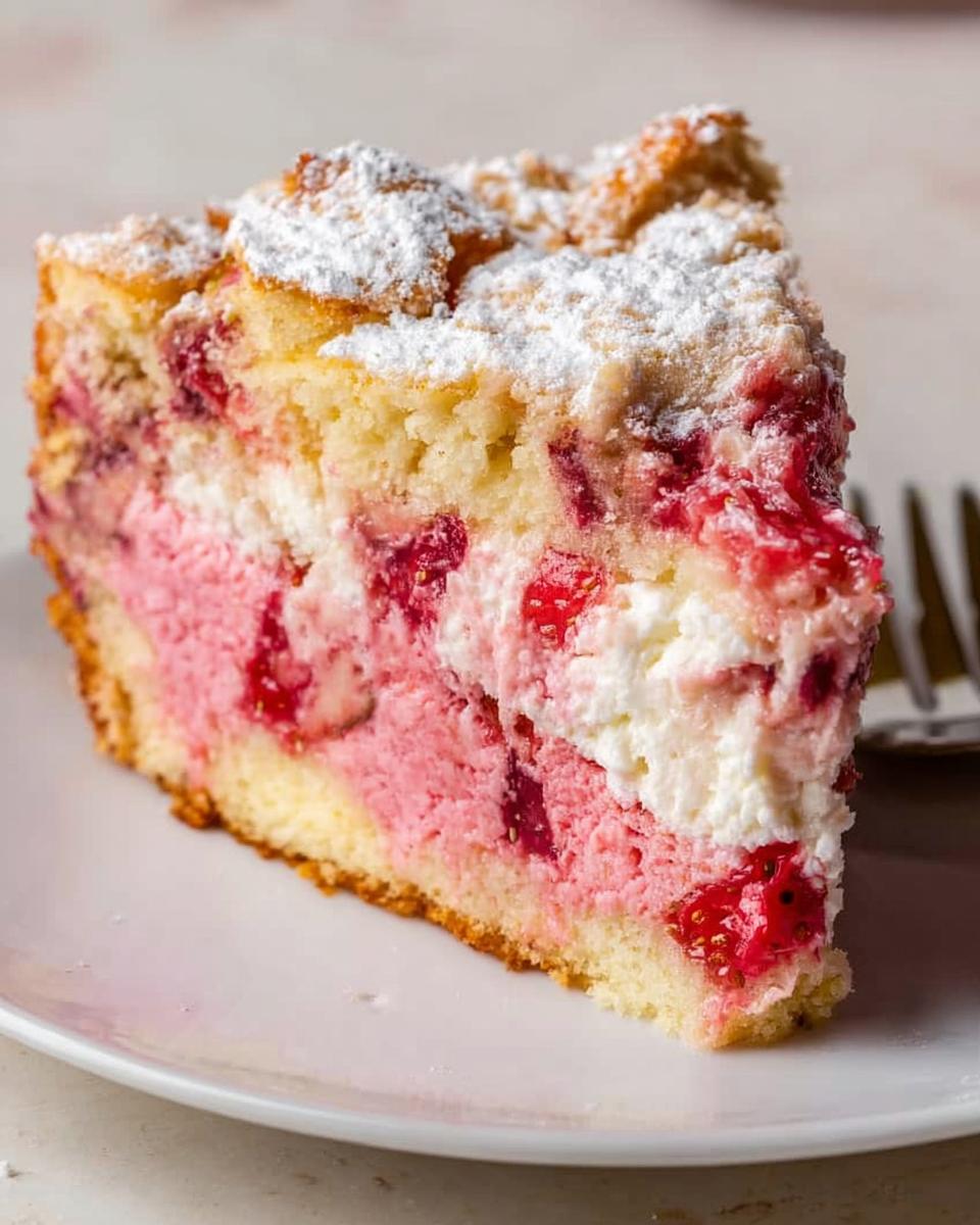 A thick slice of Gooey Strawberry Cake featuring layers of pink filling, white cream, and strawberries, dusted with powdered sugar.