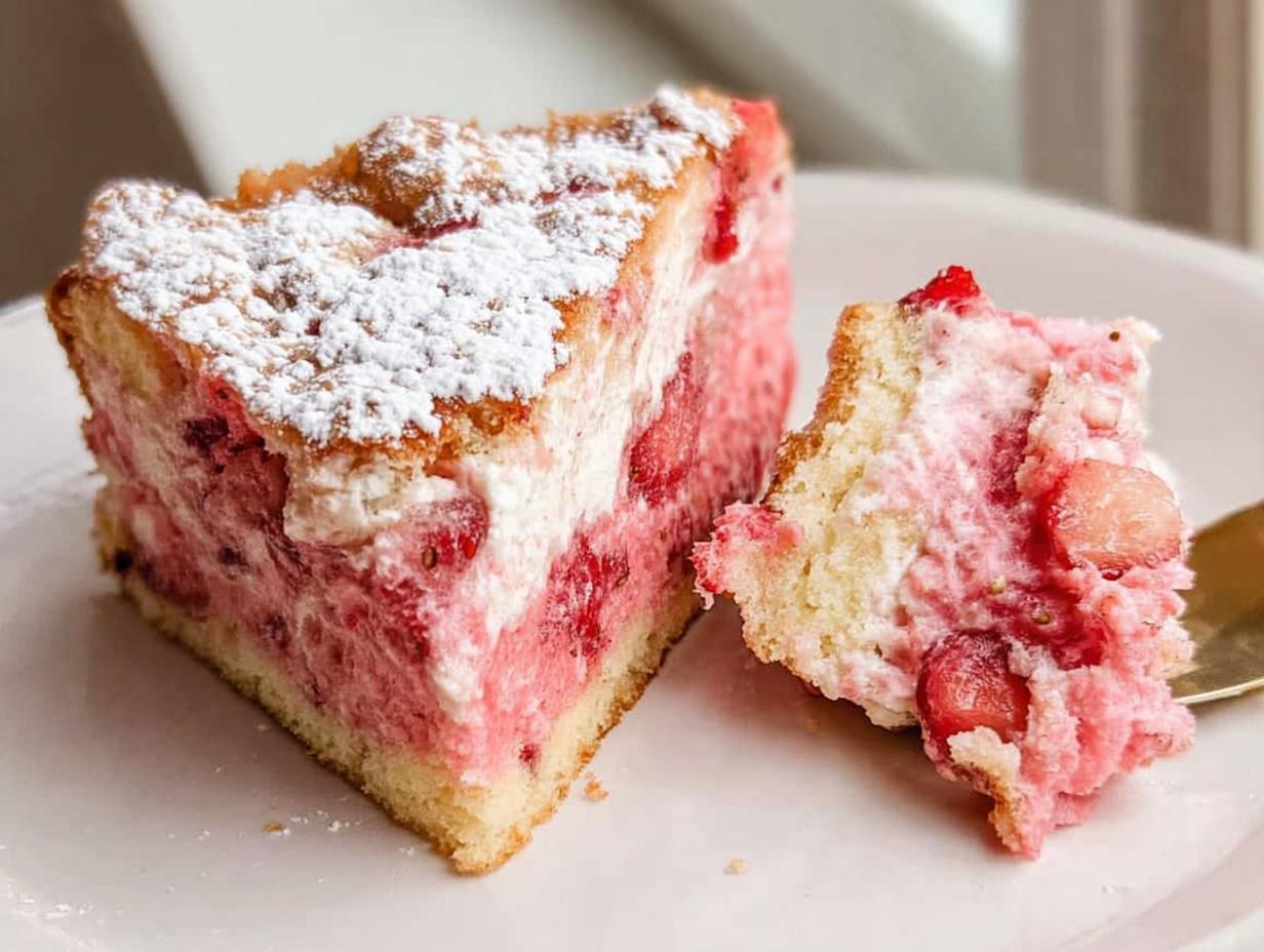 A close-up of a slice of Gooey Strawberry Cake showing the creamy pink filling and powdered sugar topping.
