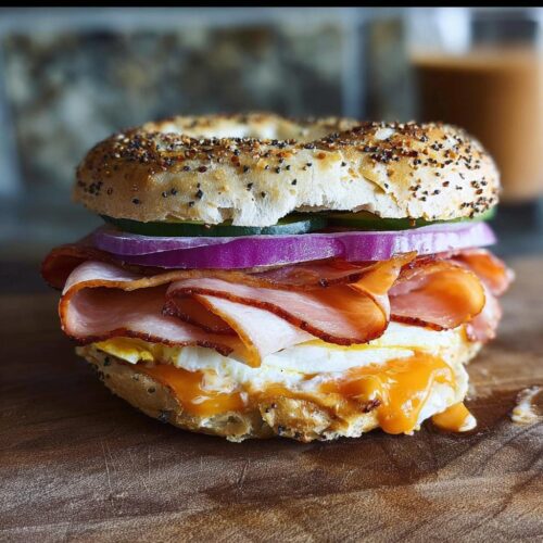 Close-up of a hearty Grab-and-Go Breakfast Sandwich on an everything bagel with egg, ham, cheese, red onion, and cucumber.