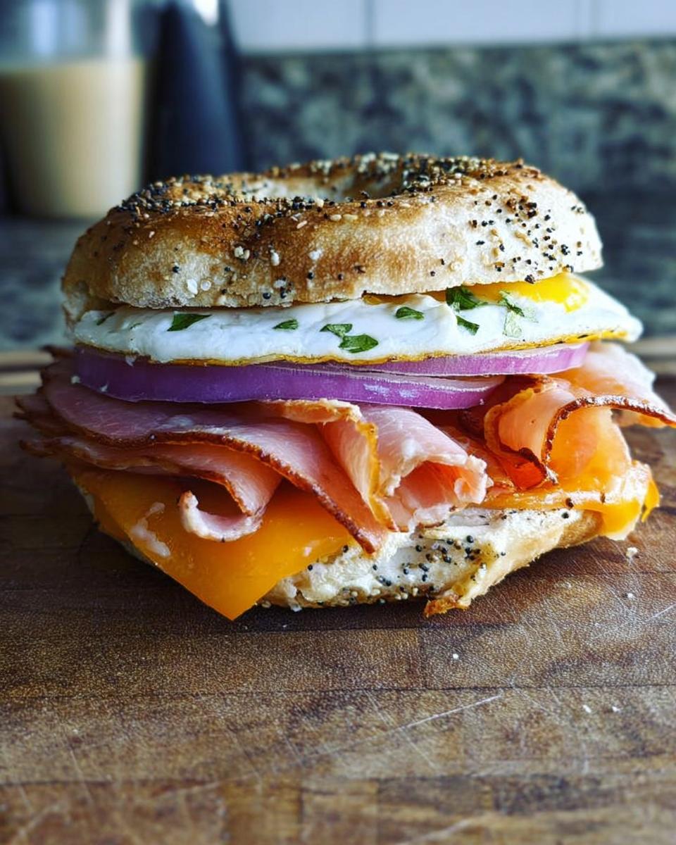 A hearty Grab-and-Go Breakfast Sandwich layered with ham, cheese, red onion, and a fried egg on an everything bagel.