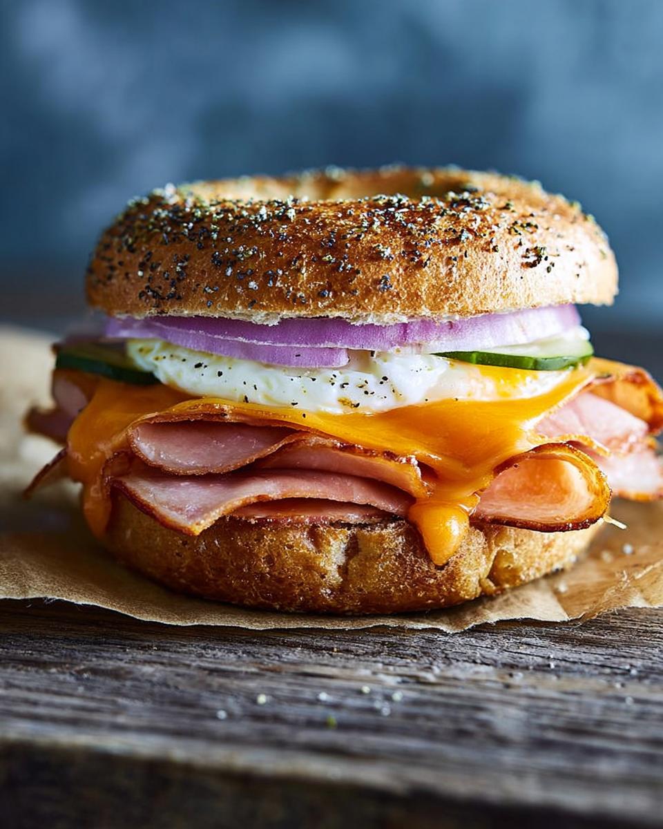 Close-up of a delicious Grab-and-Go Breakfast Sandwich featuring ham, melted cheese, egg, onion, and cucumber on an everything bagel.