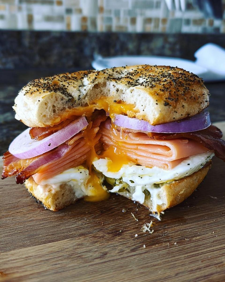 Cross-section of a loaded Grab-and-Go Breakfast Sandwich on a poppy seed bagel with runny egg yolk, ham, bacon, and red onion.