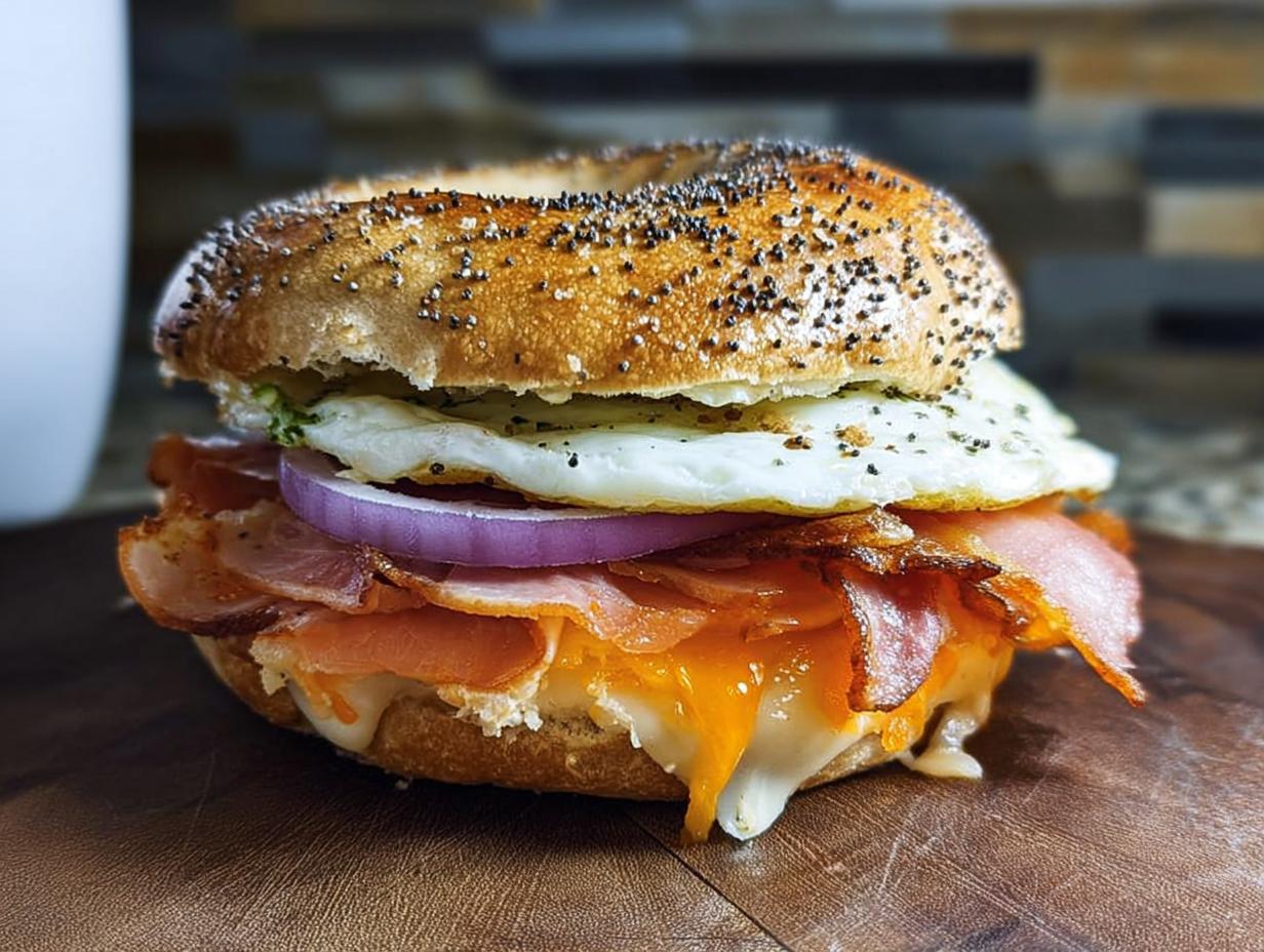 Close-up of a hearty Grab-and-Go Breakfast Sandwich featuring a fried egg, bacon, melted cheese, and red onion on a poppy seed bagel.