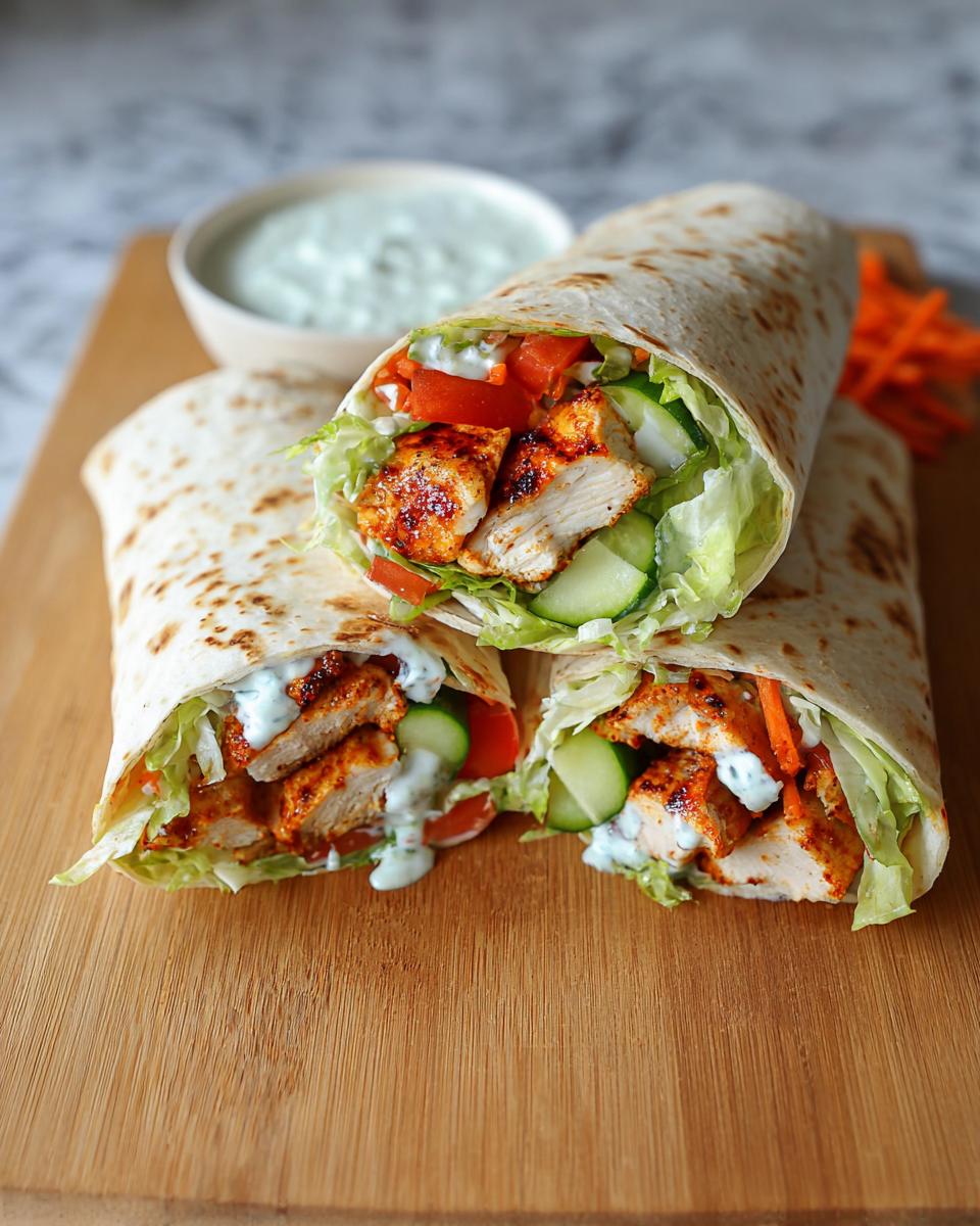 Two halves of a Grilled Chicken Wraps filled with seasoned chicken, lettuce, cucumber, tomato, and drizzled with white sauce.