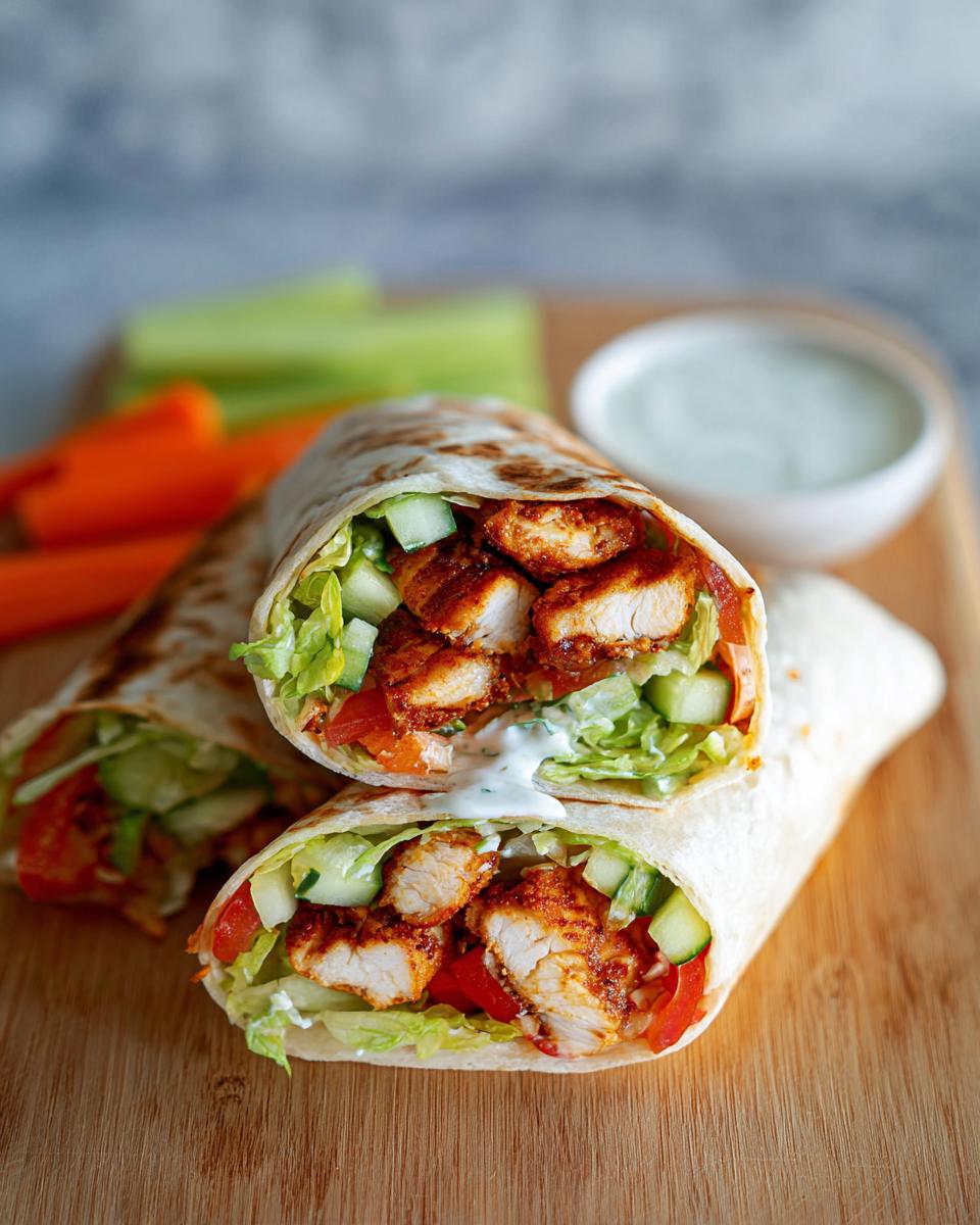 Two halves of a grilled chicken wraps stacked, showing seasoned chicken, lettuce, cucumber, and sauce.