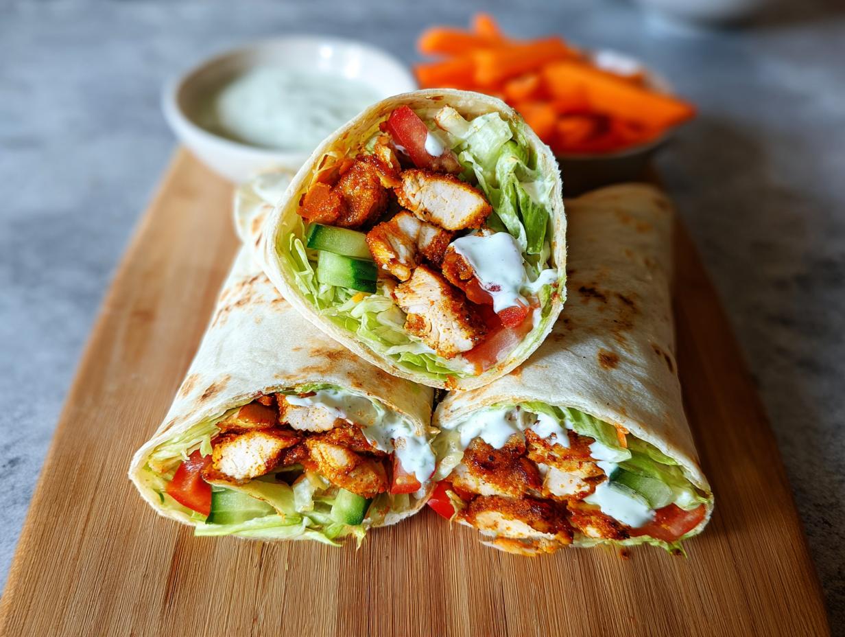 Two halves of freshly made Grilled Chicken Wraps filled with seasoned chicken, lettuce, cucumber, and white sauce.