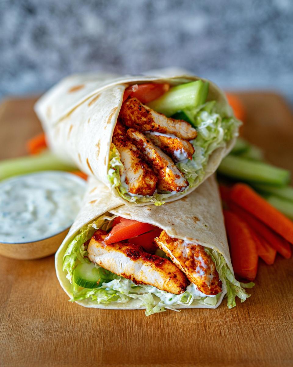 Two stacked Grilled Chicken Wraps filled with seasoned chicken, lettuce, tomato, and creamy sauce, served with vegetable sticks.