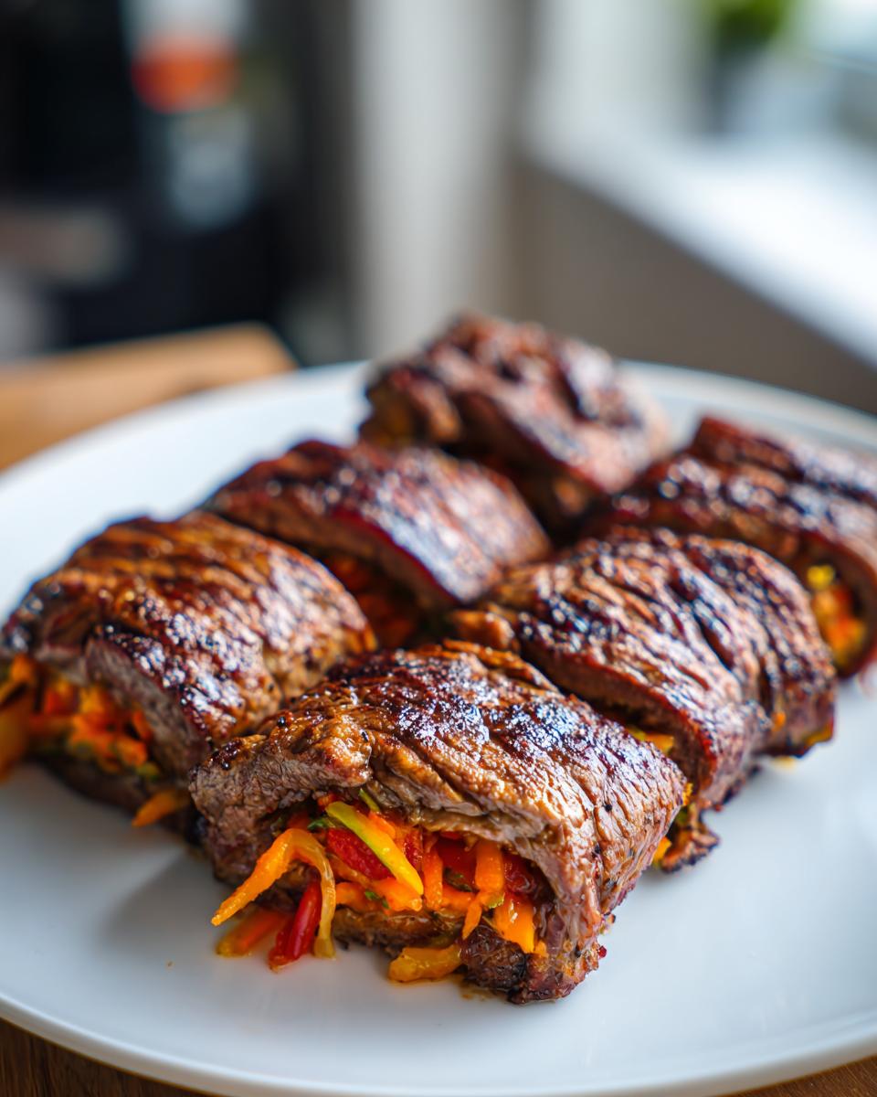 Close-up of grilled Healthy Beef Roll Ups sliced to show colorful vegetable stuffing on a white plate.