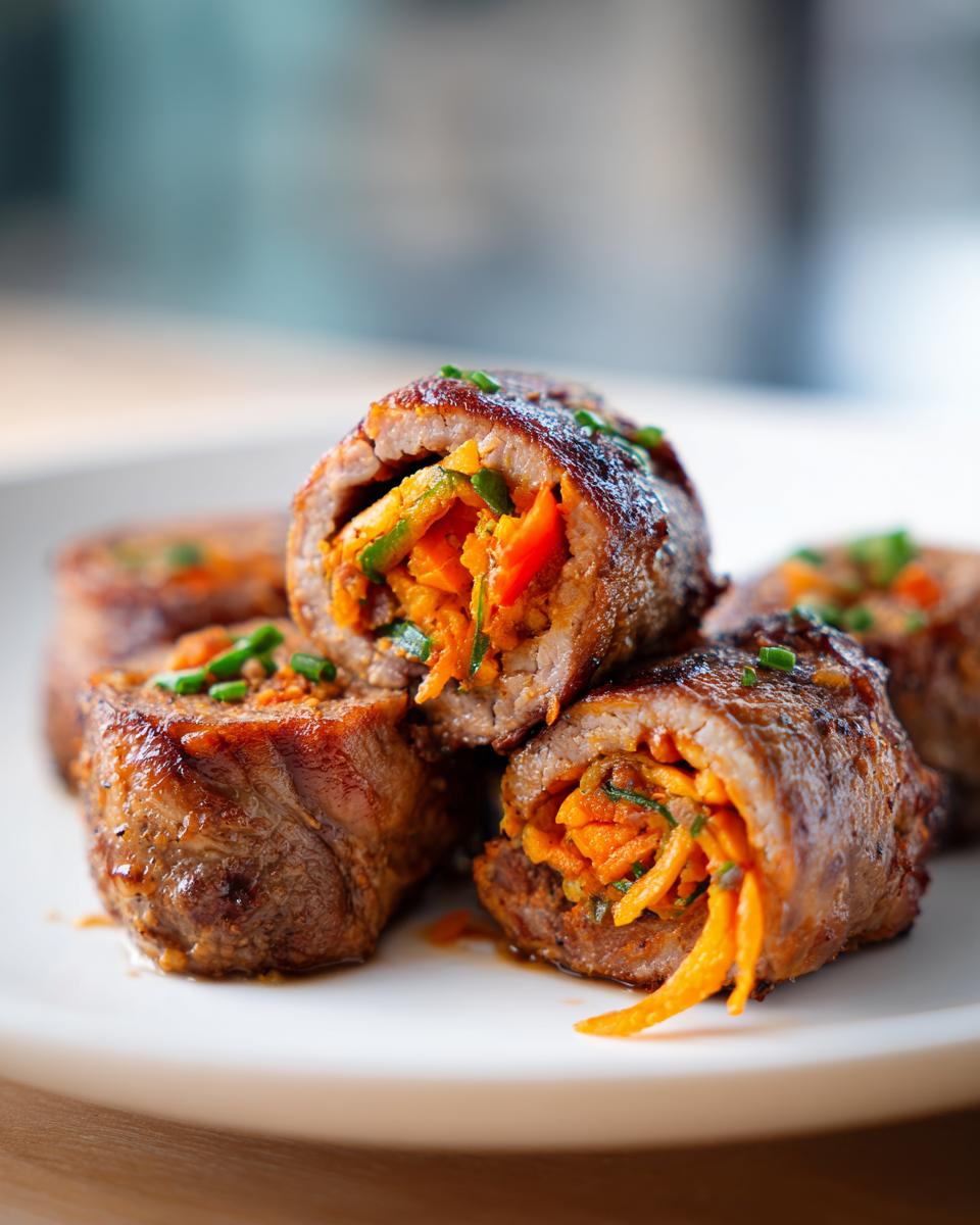 Close-up of sliced Healthy Beef Roll Ups stuffed with shredded carrots and green herbs, glistening on a white plate.