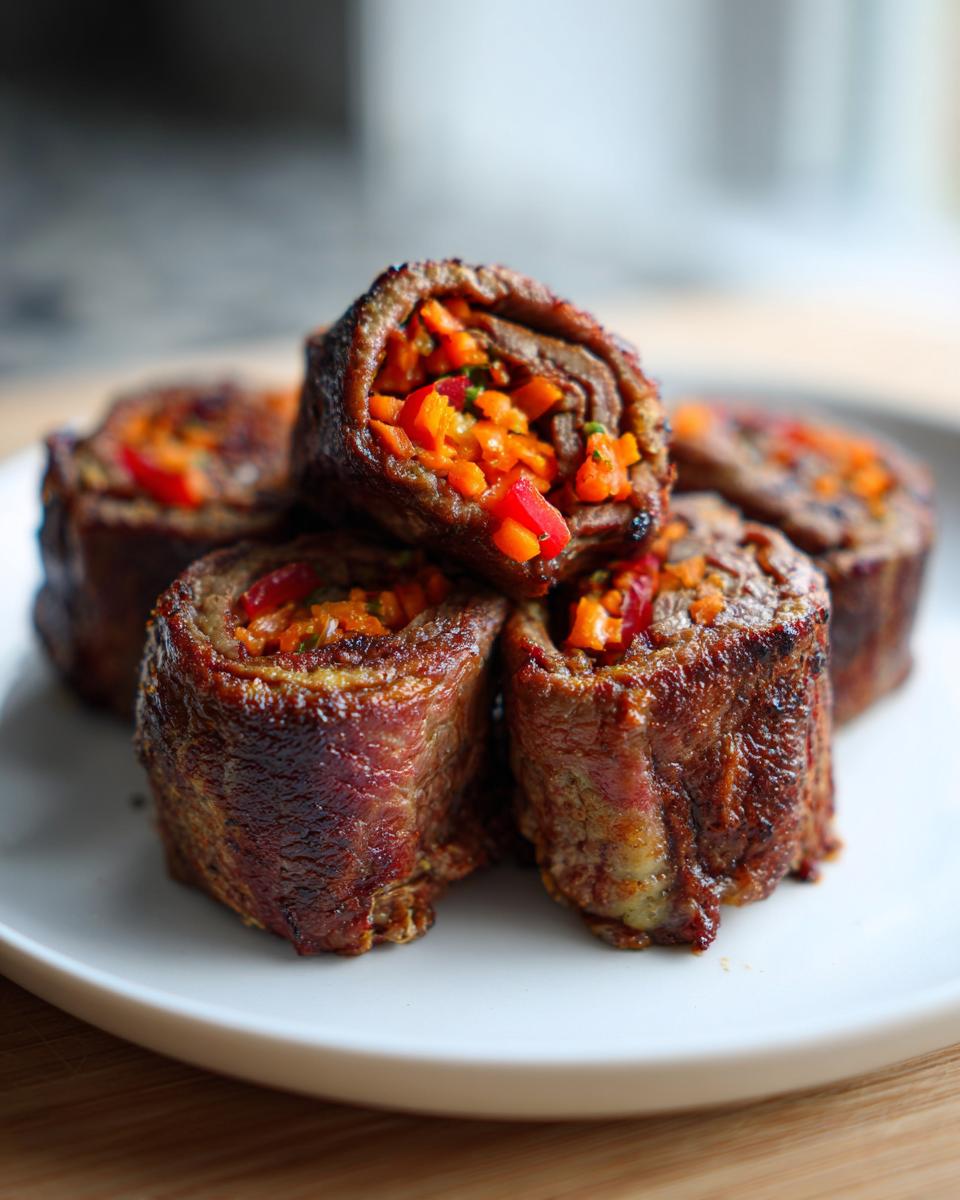 A stack of perfectly cooked Healthy Beef Roll Ups filled with bright orange and red diced vegetables on a white plate.