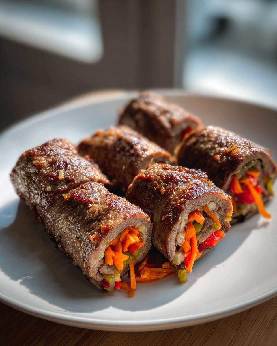Five cooked Healthy Beef Roll Ups sliced to show a vibrant filling of julienned carrots and peppers.