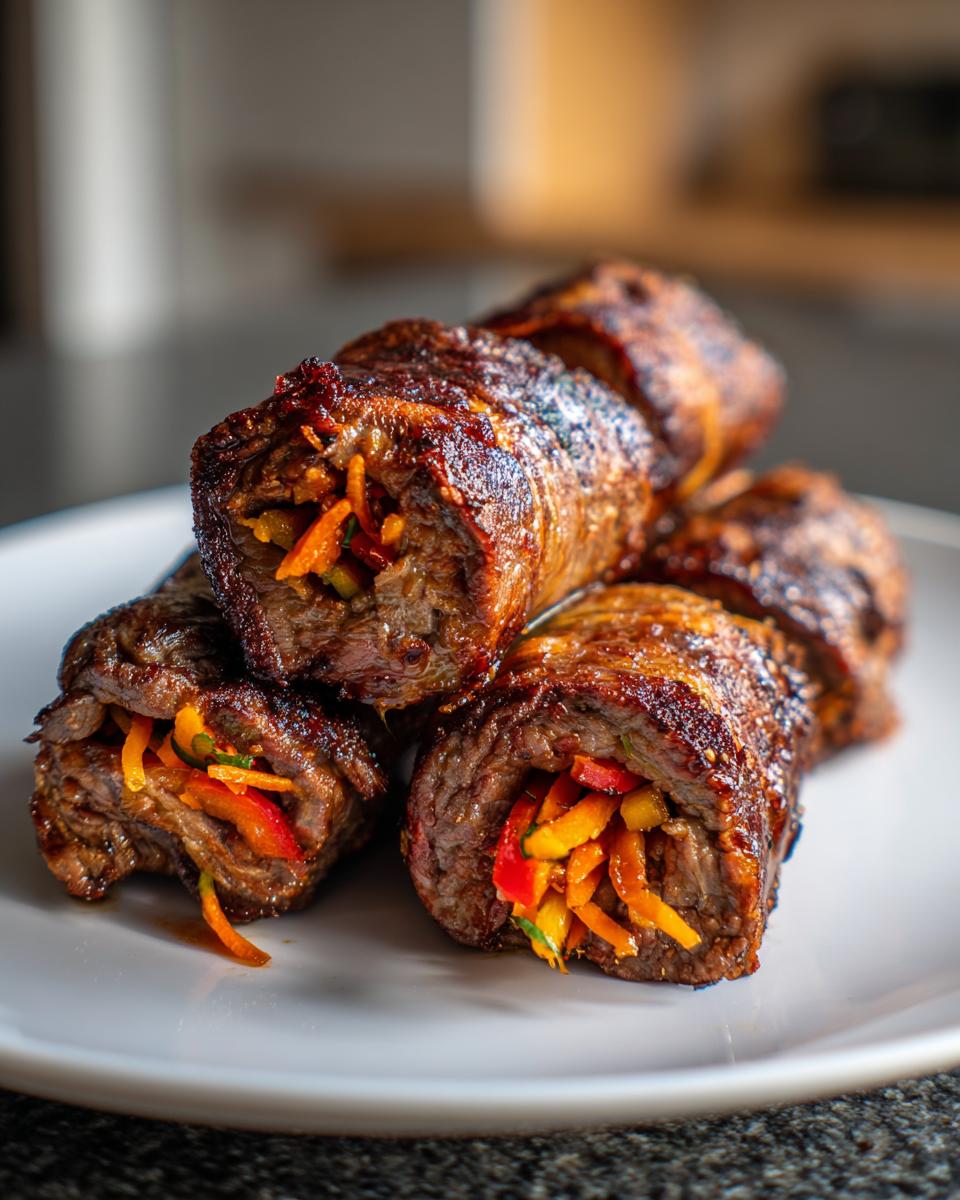 Close-up of stacked, seared Healthy Beef Roll Ups revealing a colorful filling of julienned carrots and peppers.