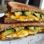 A stacked, cut half of a Healthy Breakfast Sandwich at Home featuring toasted whole wheat bread, scrambled egg, melted cheese, and sliced avocado.