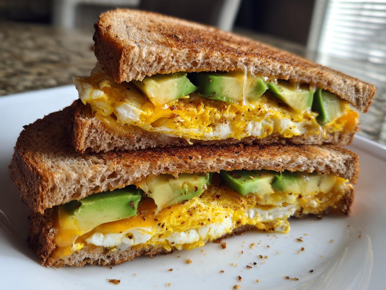A stacked, cut half of a Healthy Breakfast Sandwich at Home featuring toasted whole wheat bread, scrambled egg, melted cheese, and sliced avocado.