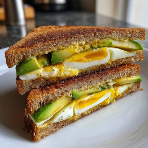 A cross-section of a Healthy Breakfast Sandwich at Home featuring whole wheat toast, sliced avocado, and soft-boiled egg.