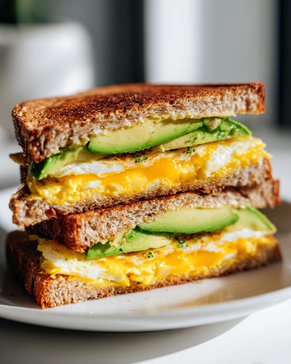 Two halves of a stacked Healthy Breakfast Sandwich at Home featuring fried egg and sliced avocado on toasted whole wheat bread.