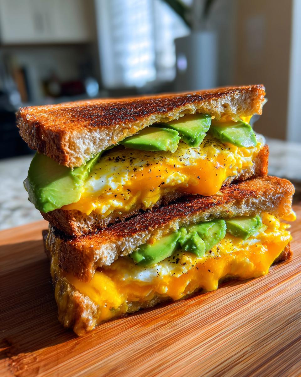 Two halves of a stacked Healthy Breakfast Sandwich at Home featuring toasted bread, melted cheese, fried egg, and sliced avocado.