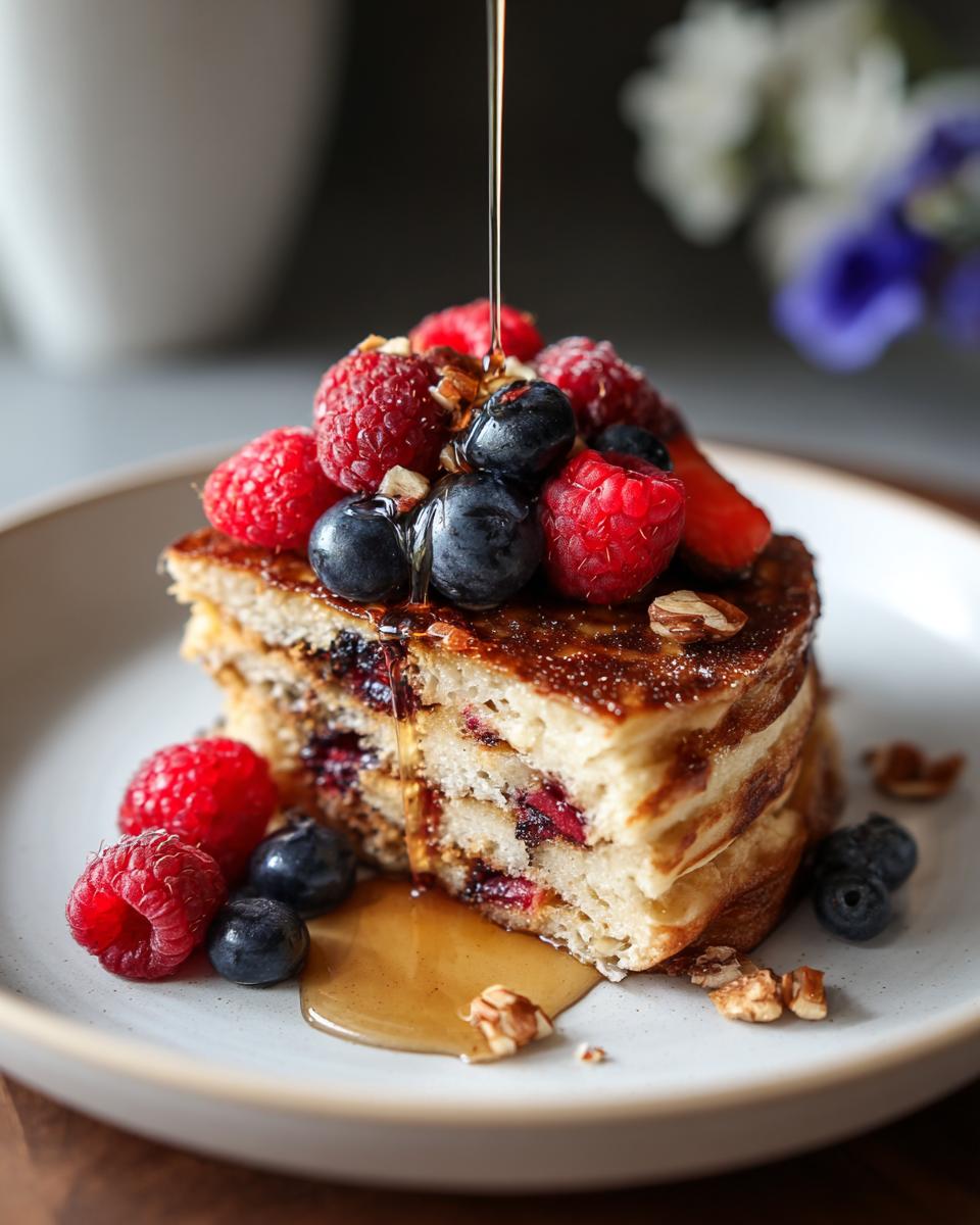 A thick slice of Healthy Brunch Pancake Bake topped with fresh raspberries, blueberries, and drizzled with syrup.