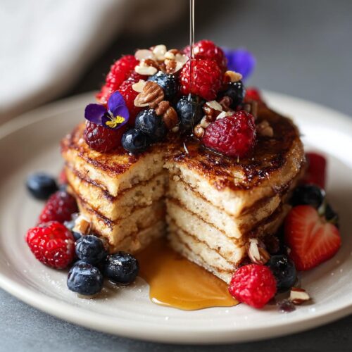 A stack of fluffy pancakes cut open, drizzled with syrup and topped with fresh berries for a Healthy Brunch Pancake Bake.