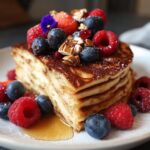 A thick slice of Healthy Brunch Pancake Bake topped with fresh raspberries, blueberries, strawberries, nuts, and syrup.