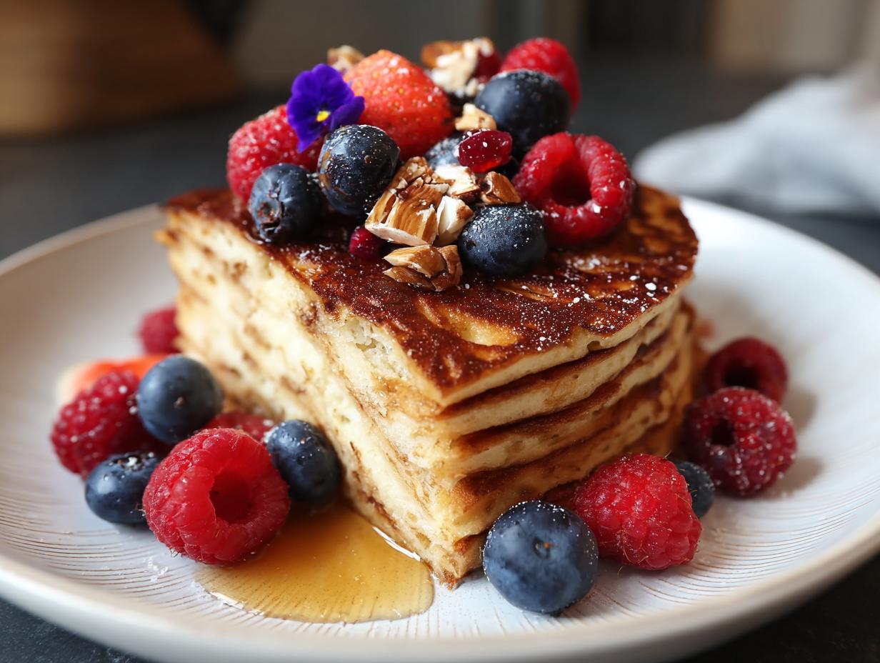 A thick slice of Healthy Brunch Pancake Bake topped with fresh raspberries, blueberries, strawberries, nuts, and syrup.