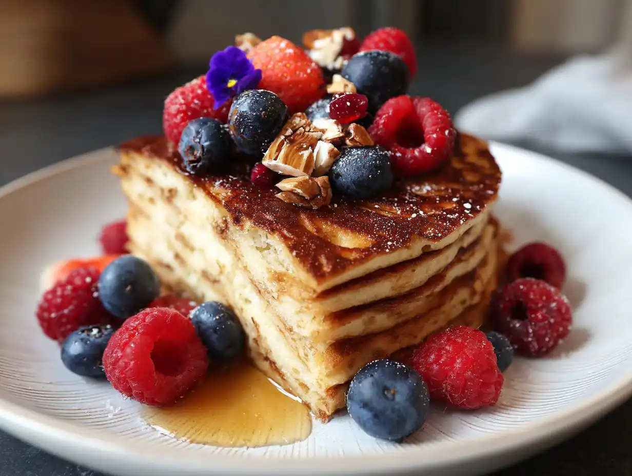 A thick slice of Healthy Brunch Pancake Bake topped with fresh raspberries, blueberries, strawberries, nuts, and syrup.